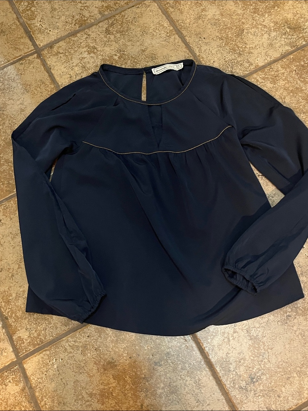 Abercrombie & Fitch Navy Blouse with Gold Studded Piping Flutter Sleeve Cute!